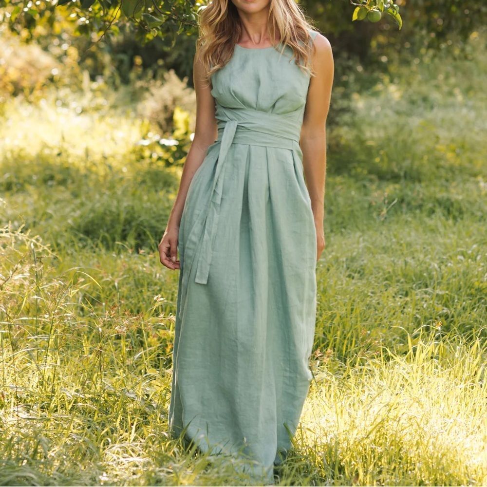 Magic Linen Womens Teal Blue Sleeveless Linen Long Maxi Dress